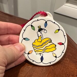 Fiesta White Ceramic Ornament with Dancing Lady & Red Ribbon